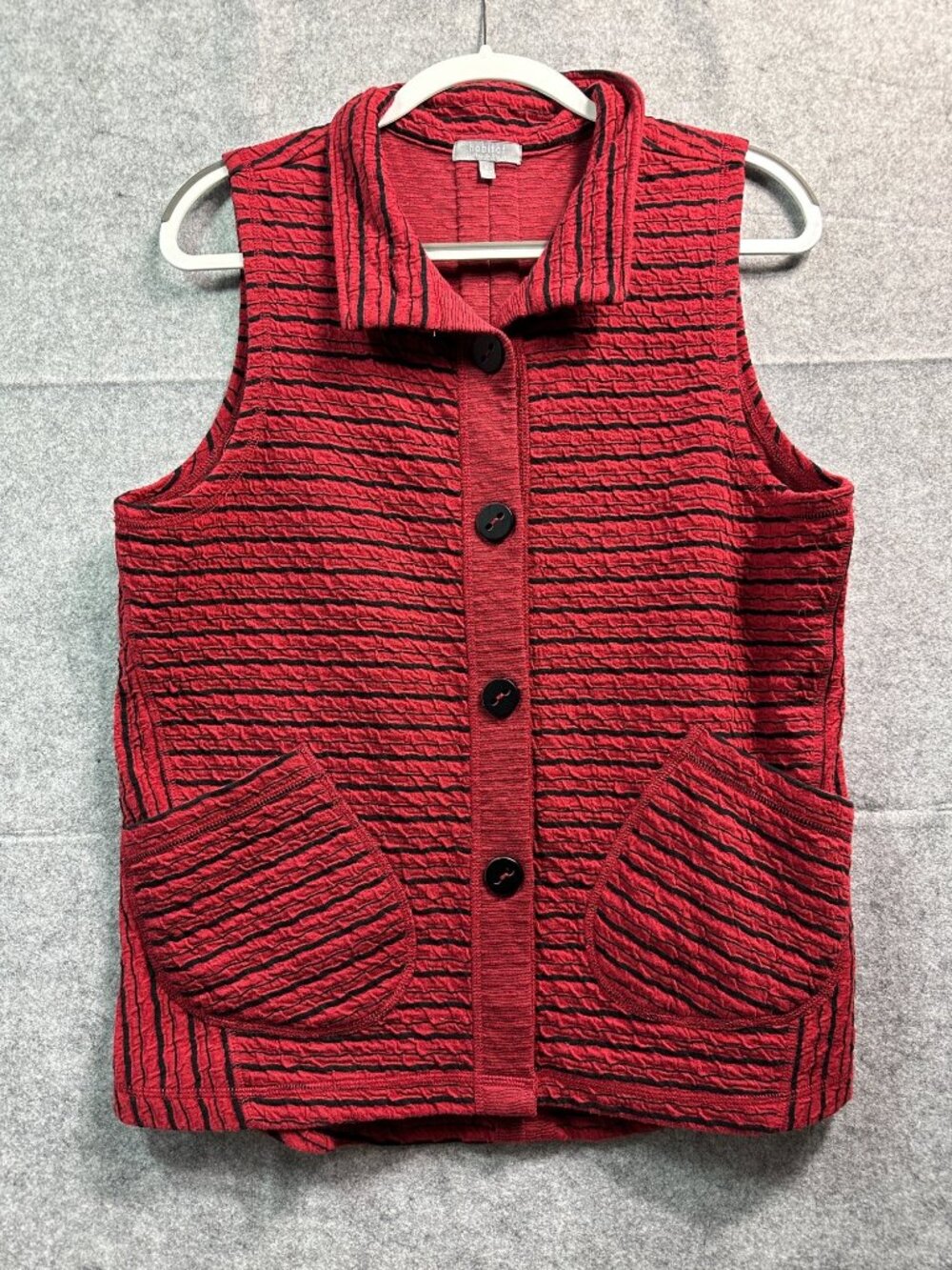 Habitat Red Black Textured Vest M Button Front Lagenlook Artsy Pockets